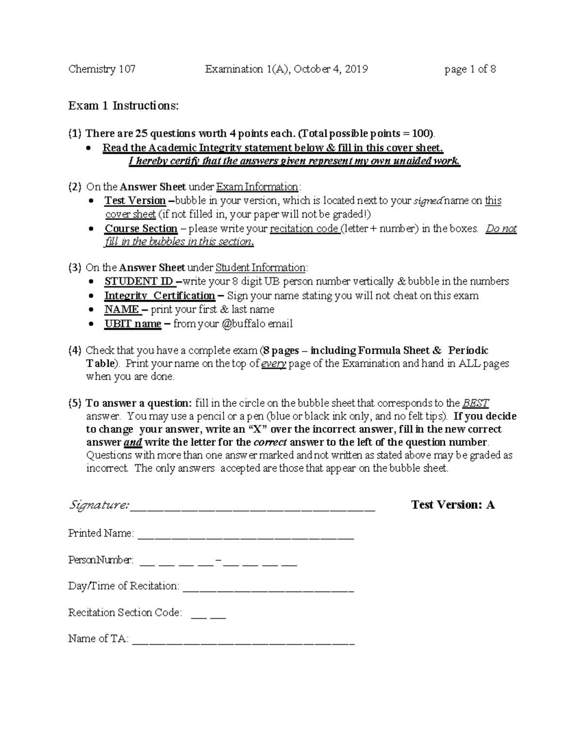 Chemistry 107 Exam 1(A) Study Guide - October 2019 - Studocu