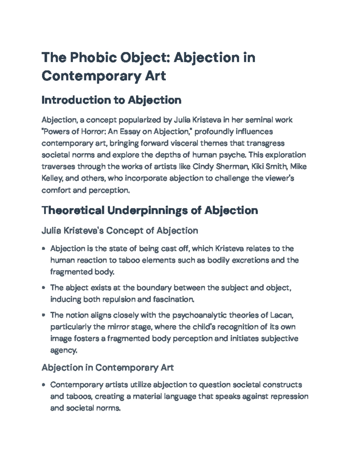 An Analysis of Abjection: The Phobic Object in Contemporary Art - Studocu