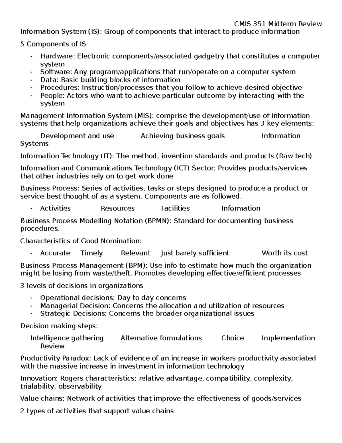 CMIS 351 Midterm Exam Review: Key Concepts in Information Systems - Studocu