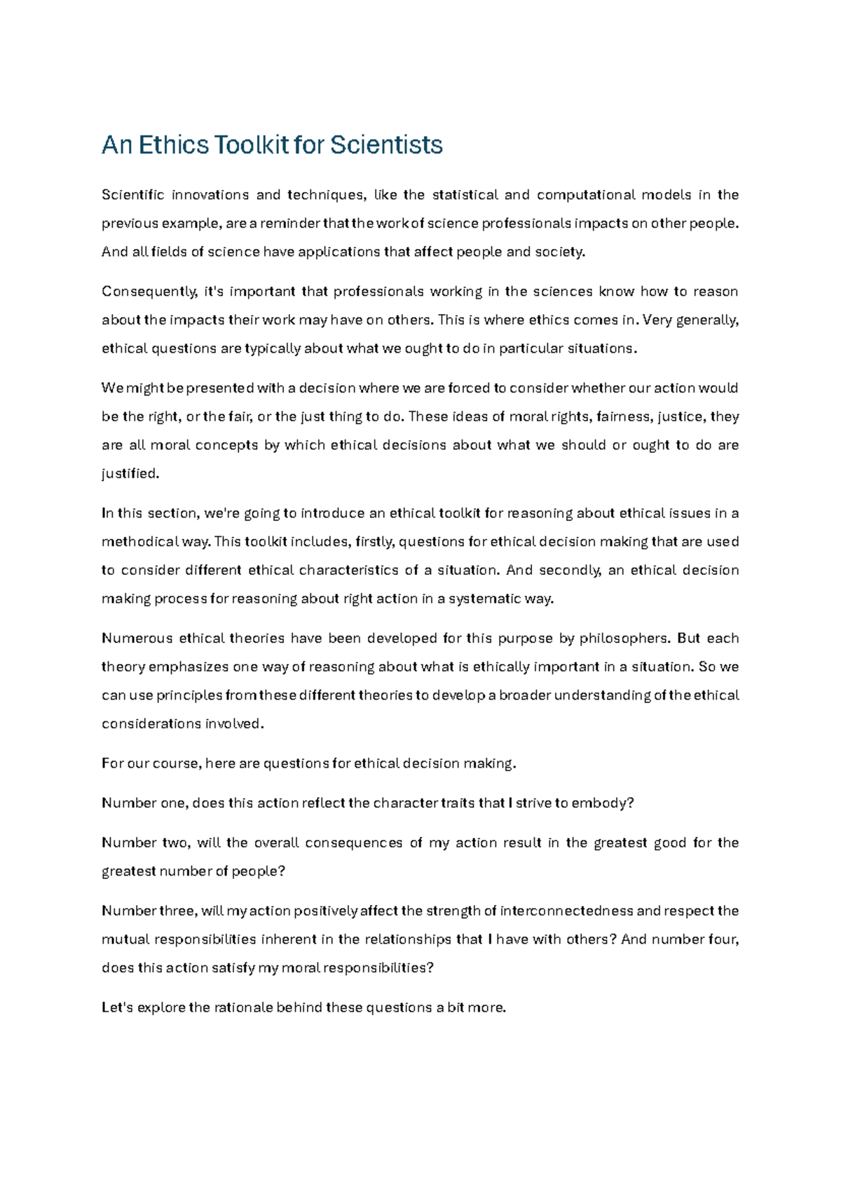 Ethics Toolkit for Scientists: A Guide to Ethical Decision-Making - An ...