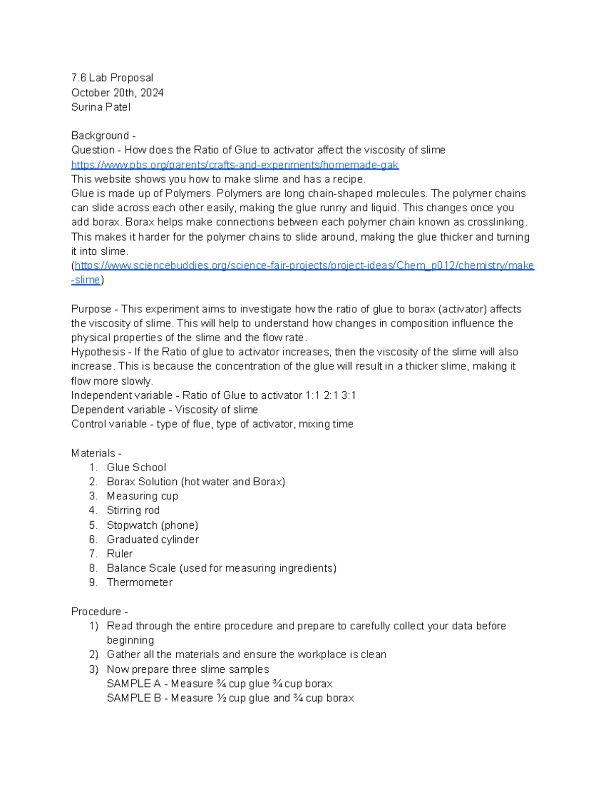 7.6 lab proposal Surina Patel - 7 Lab Proposal October 20th, 2024 ...
