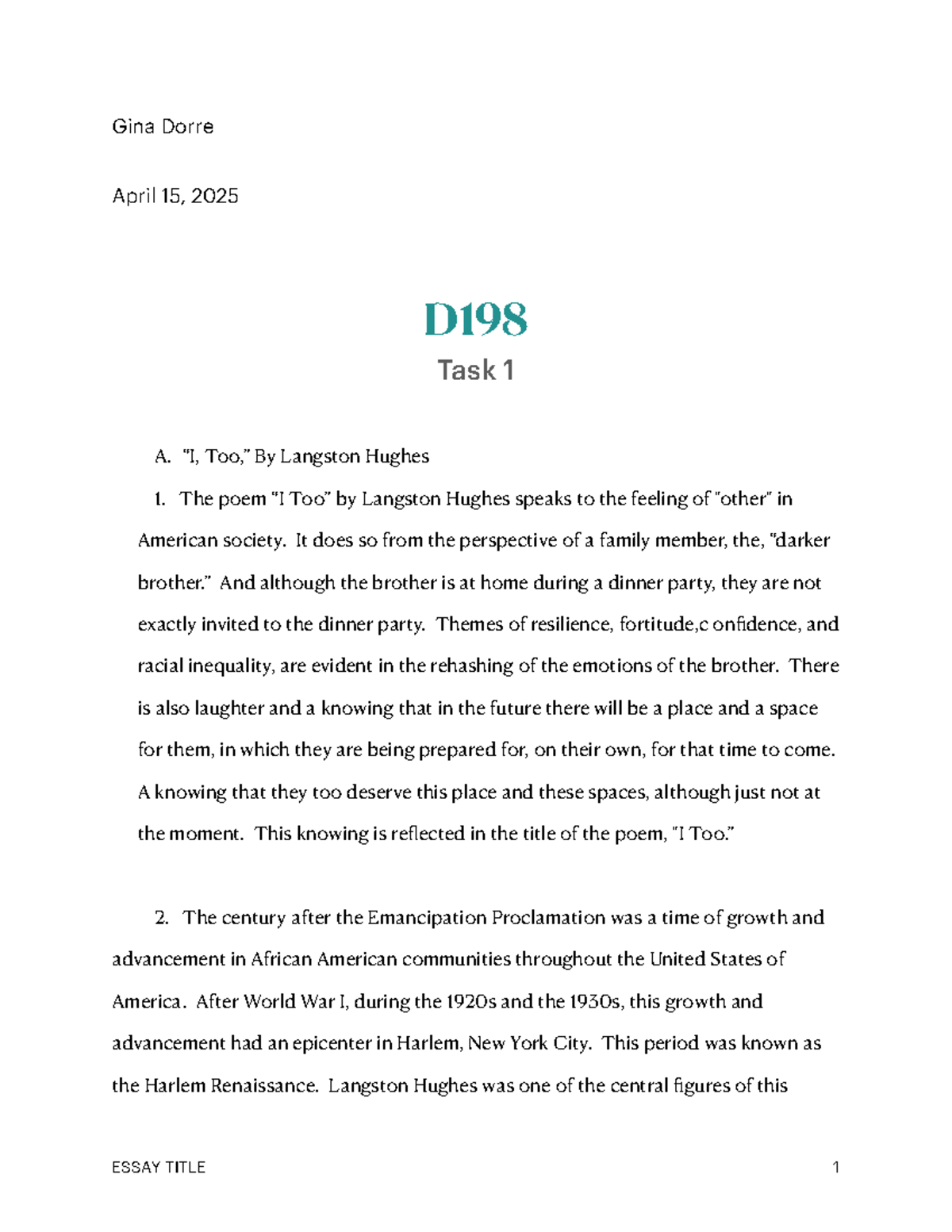 D198 Task 1 - Analysis of Langston Hughes and Diane Arbus' Works - Studocu