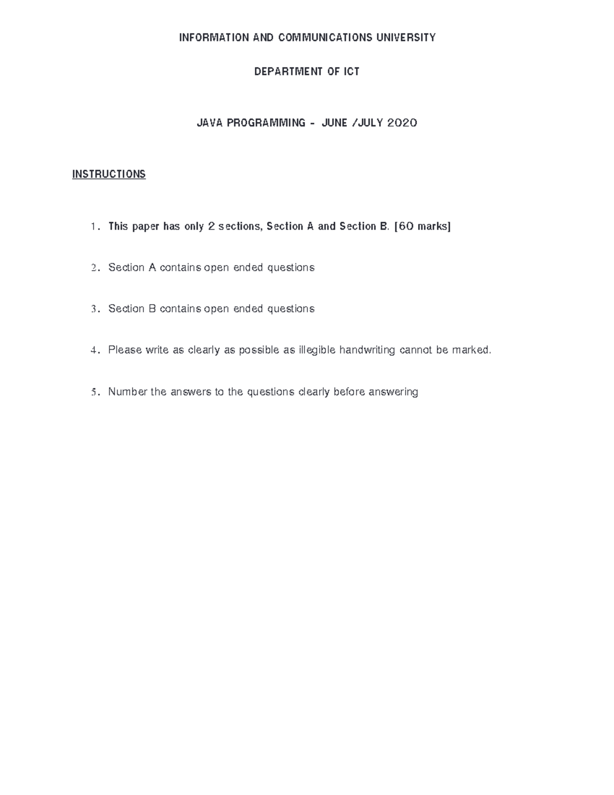 JAVA PROGRAMMING JUNE 2020 EXAM INSTRUCTIONS AND QUESTIONS - Studocu
