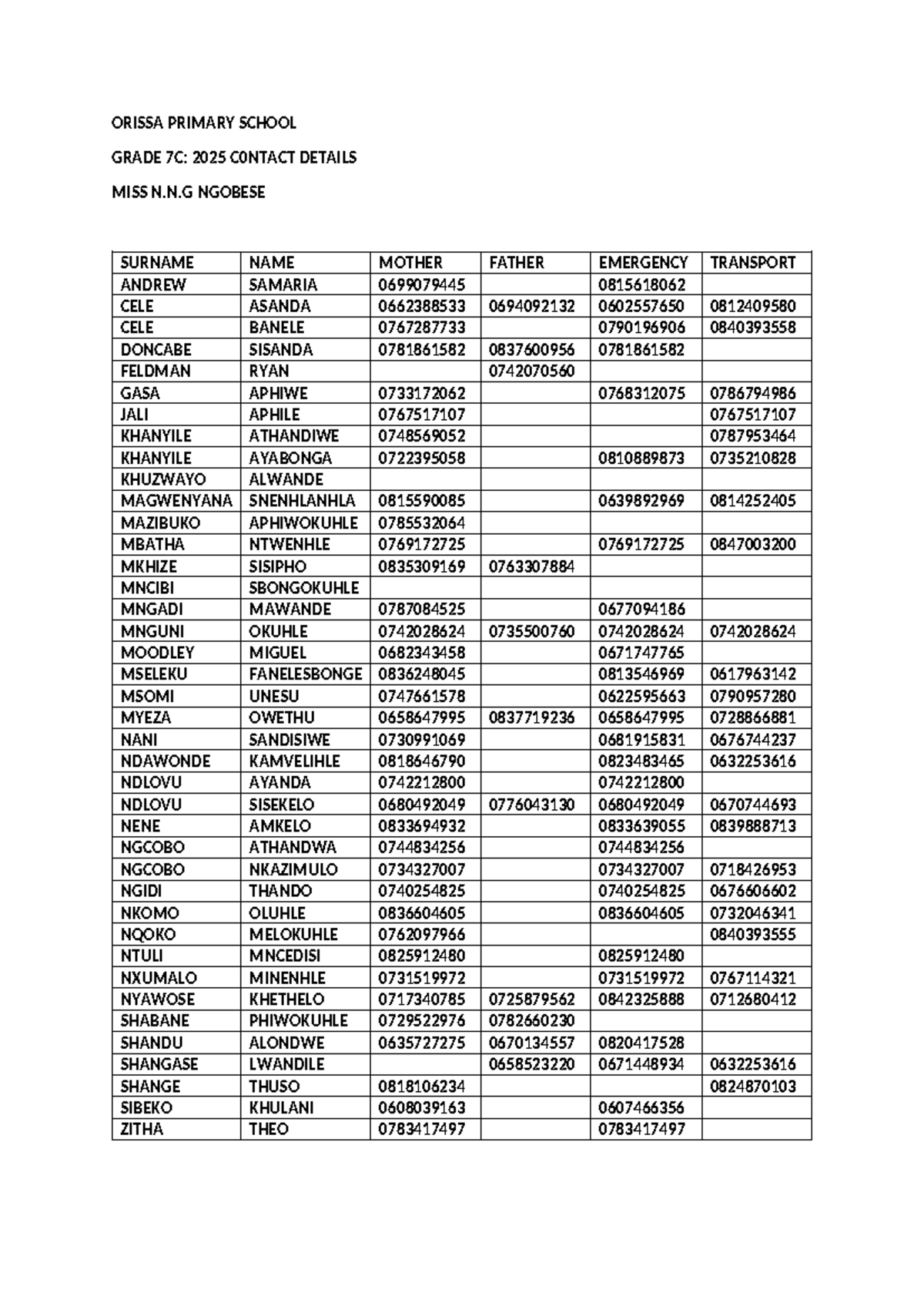 2025 Grade 7C Parent Contact Details and Emergency Numbers - Studocu