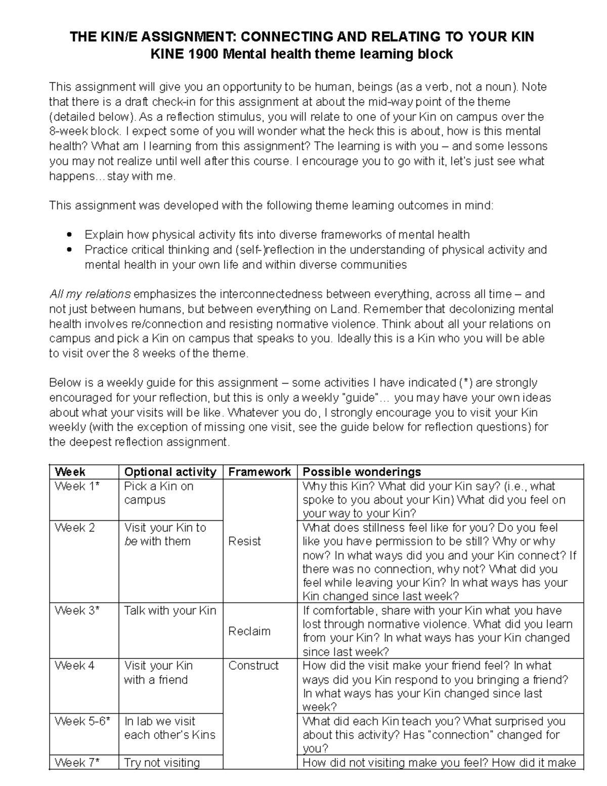 KINE 1900 Final Assignment: Kin-e Reflection and Documentation Guide ...