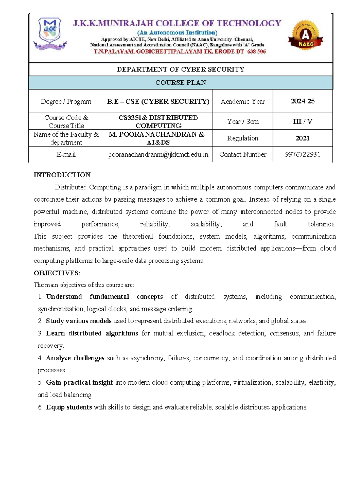 Distributed Computing Course Plan - B.E CSE (CYBER SECURITY) - Studocu