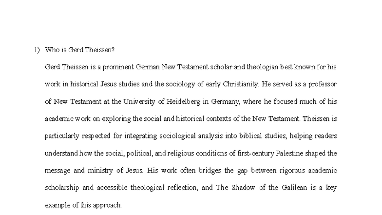 CHS 520 Week 7 Assignment: Exploring Gerd Theissen's "The Shadow of the ...