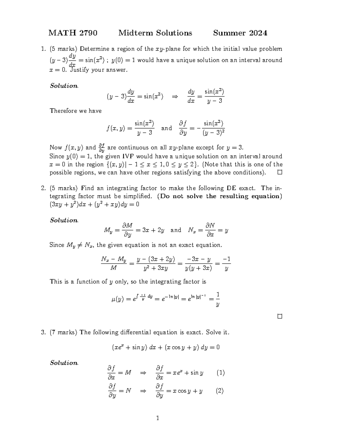 Differential Equations Summer 2024 midterm - MATH 2790 Midterm ...