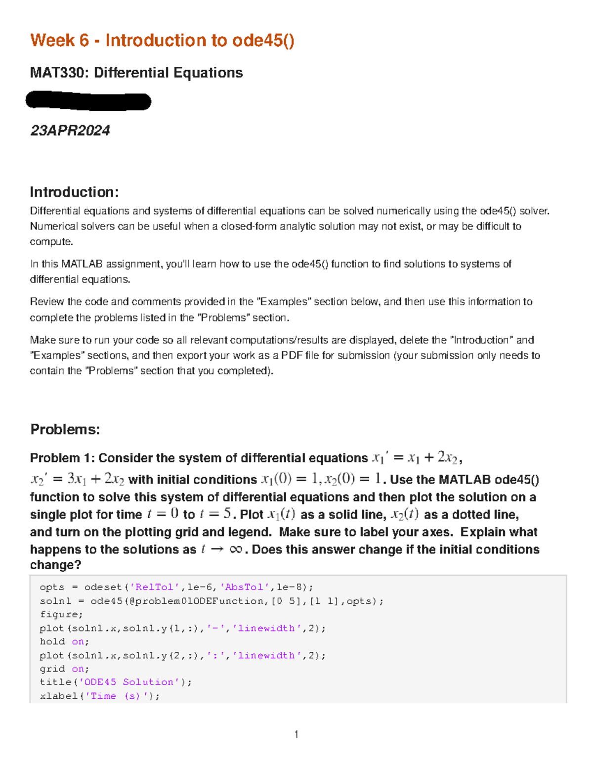 MAT330: Week 6 - Introduction to ode45() in Differential Equations ...