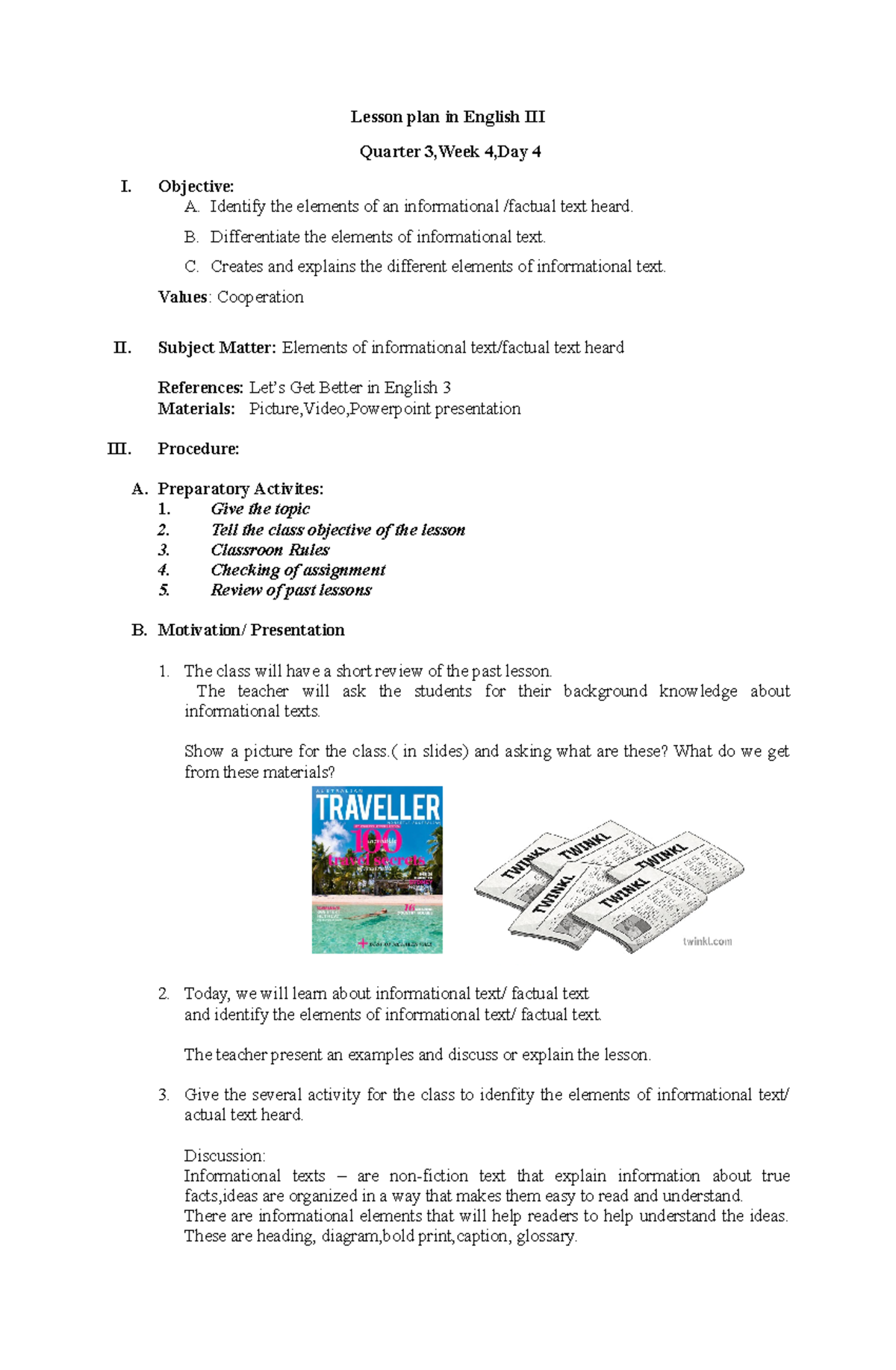 ENG III - Q3W4D4 - Lesson Plan on Informational Text Elements - Studocu