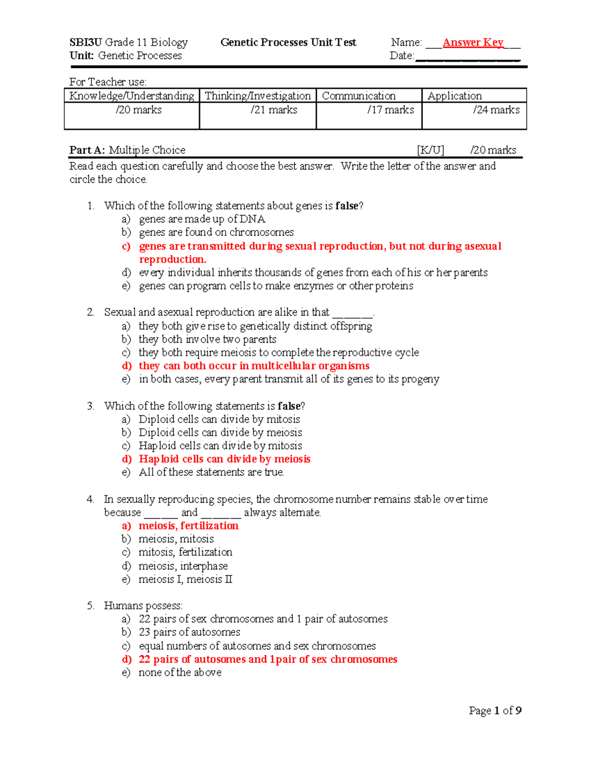 SBI3U Grade 11 Biology Unit Test: Genetic Processes Review - Studocu