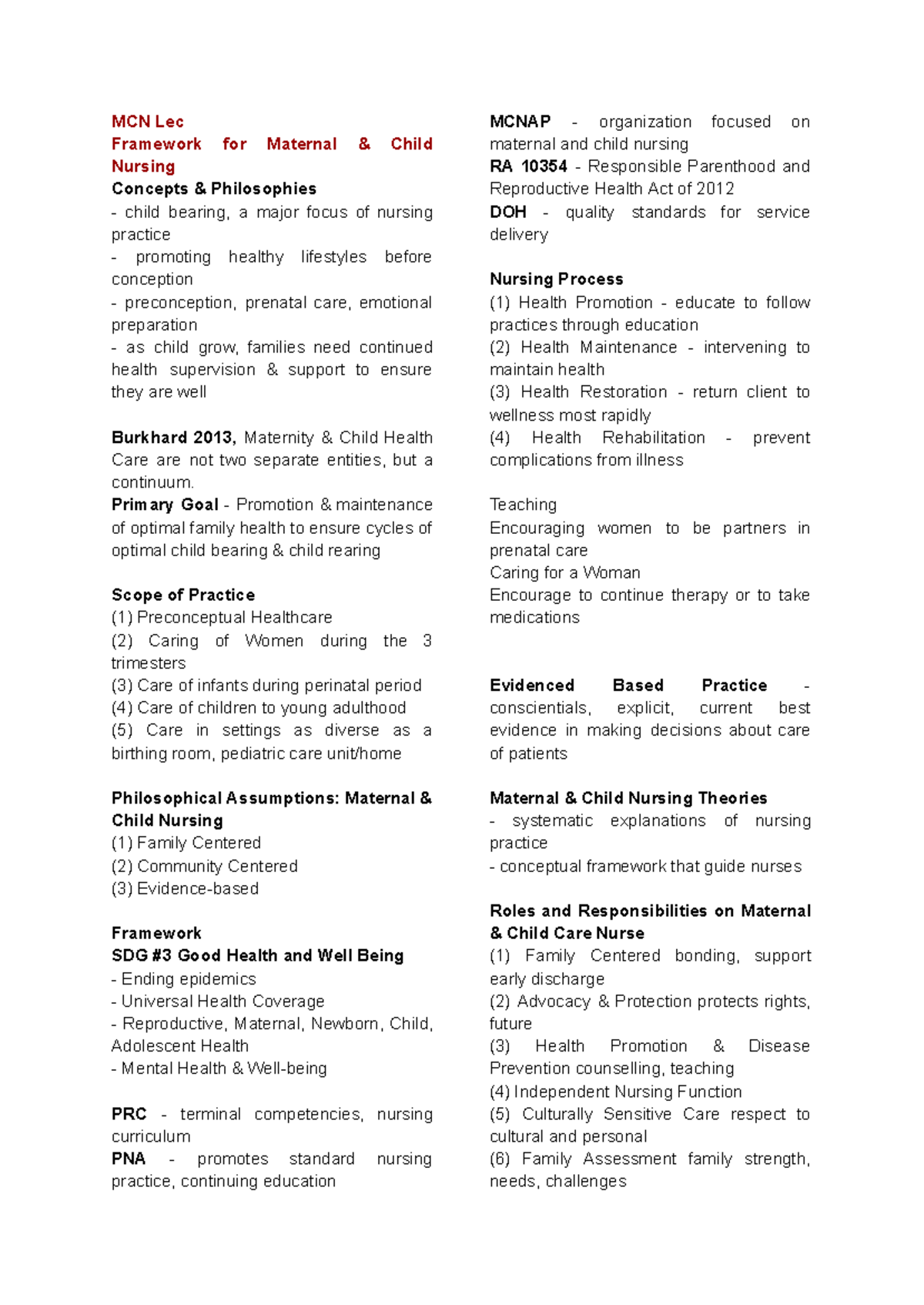 MCN 101 Lecture: Framework for Maternal Child Nursing Concepts - Studocu