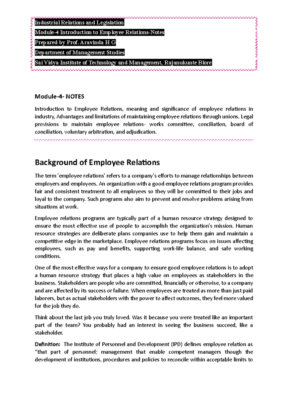 Module 4: Industrial Relations & Employee Relations Notes - Final Exam ...