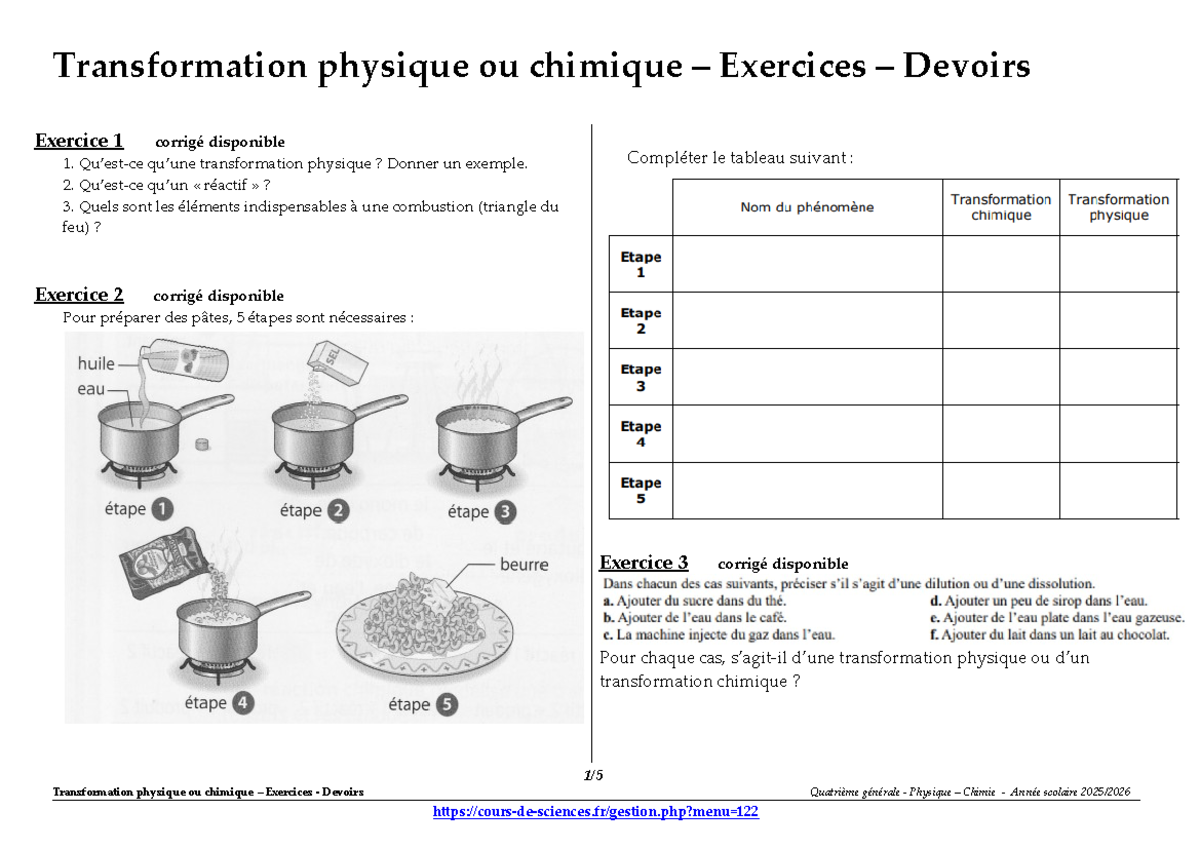 Transformation Physique ou Chimique : Exercices Corrigés - Quatrième ...