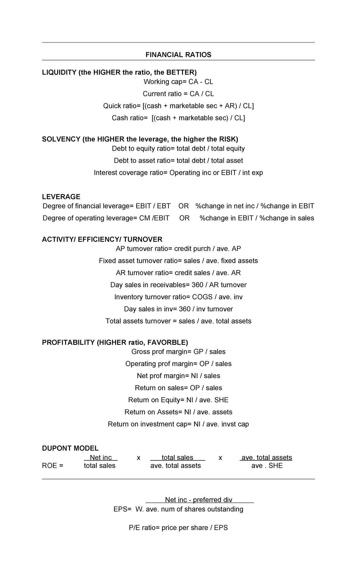 FIN 301: Financial Ratios & Formulas for Analysis - Studocu