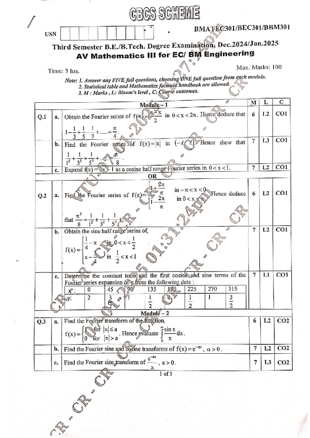 Bmatec 301 2024-25 - Previous Year Question Paper for Math 3rd Sem ...