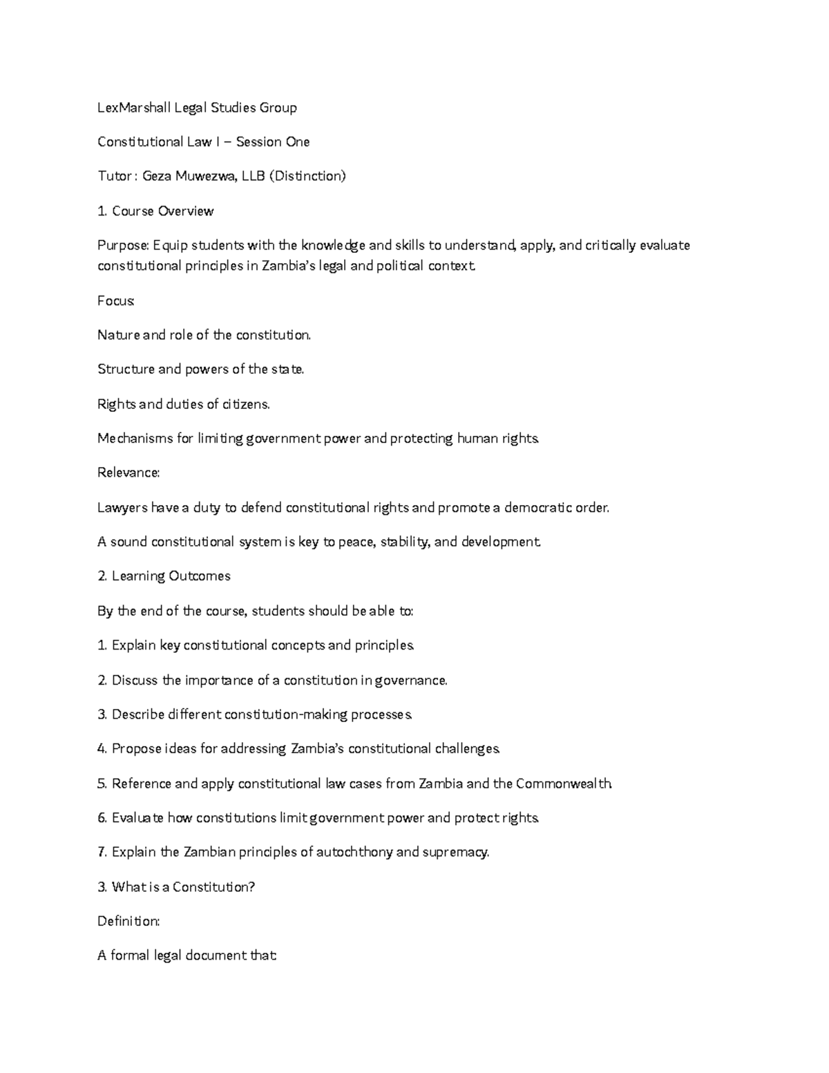 Constitutional Law I (LLB) Session 1 Overview and Key Concepts - Studocu