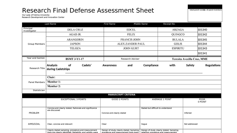 BSMT Final Defense Assessment Sheet for Research Projects - Studocu