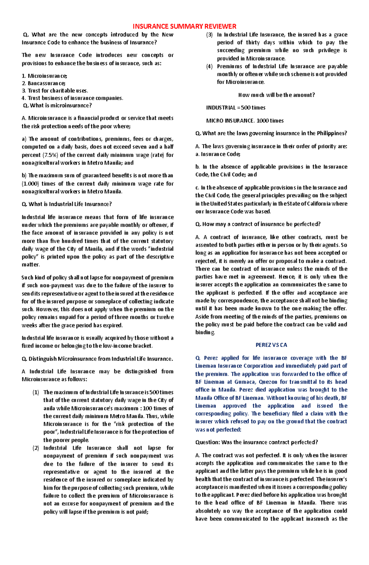 Insurance Summary Review: Key Concepts and Provisions in the New ...