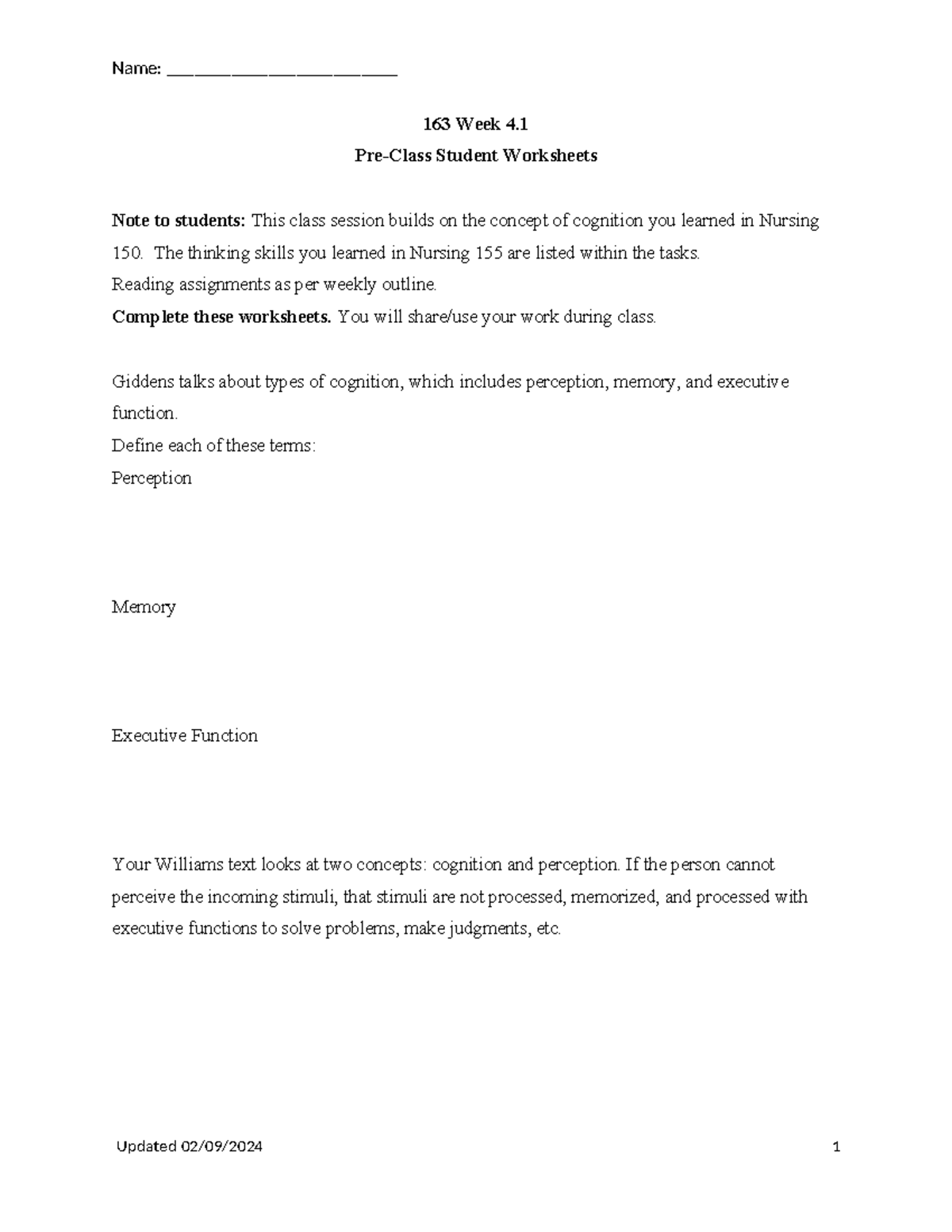 NUR 163 Week 4 Pre-Class Assignment: Cognition & Nursing Interventions ...