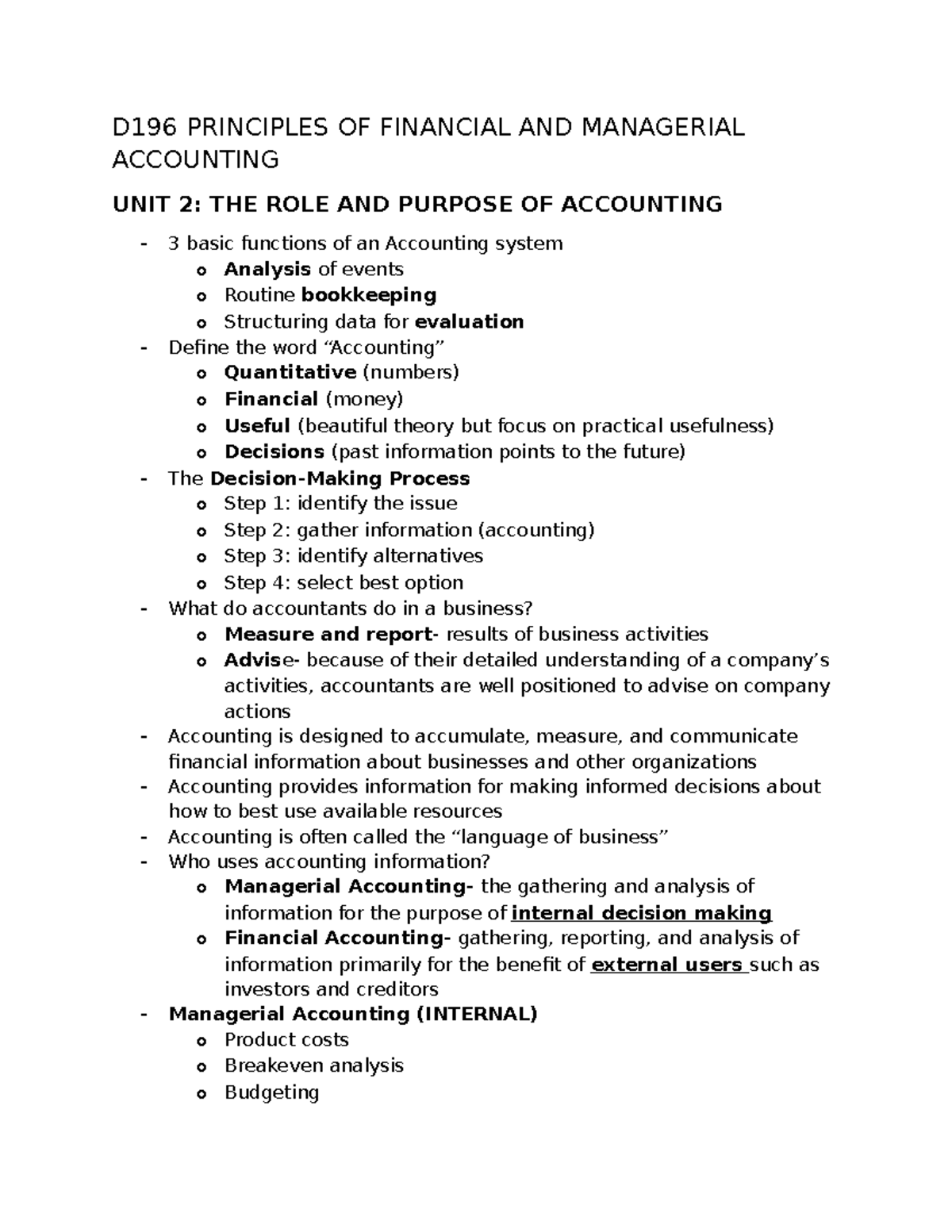 D196 PRINCIPLES OF ACCOUNTING UNIT 2: ROLE, PURPOSE, AND FUNCTIONS ...