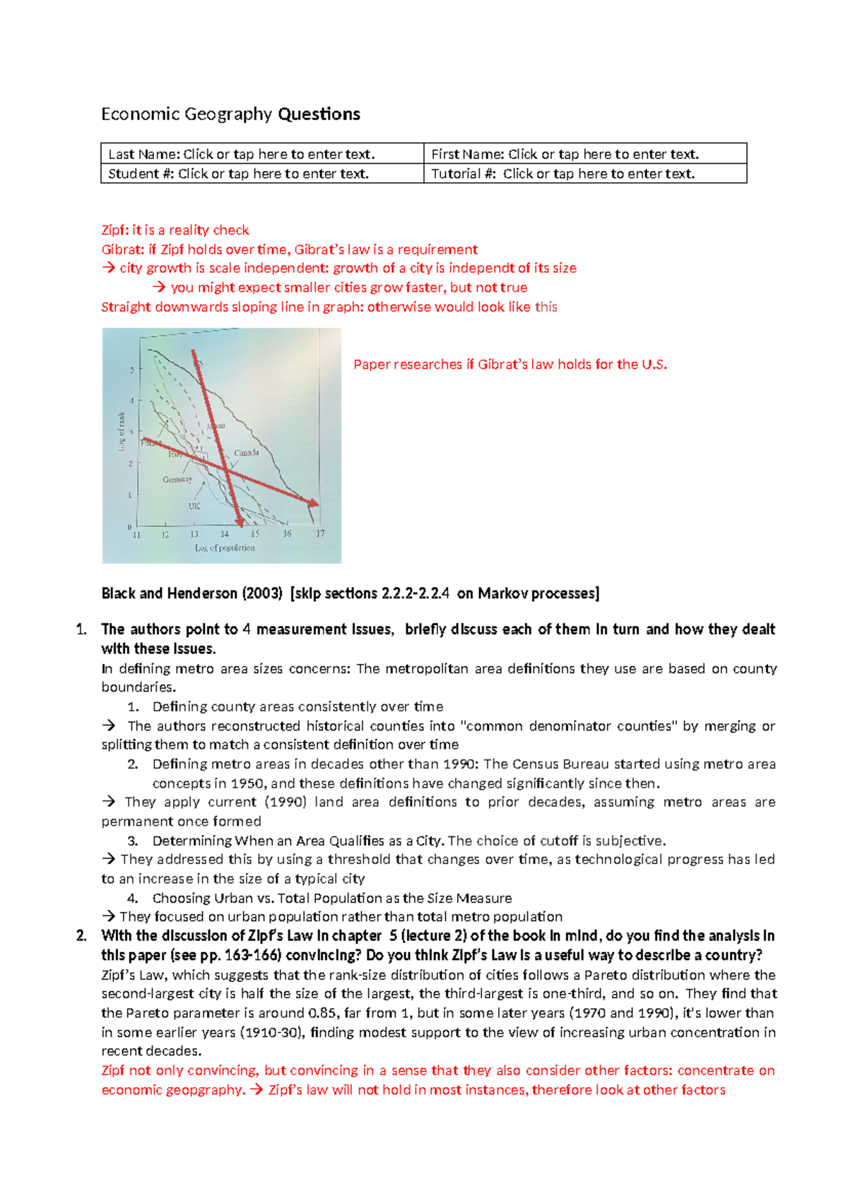 Economic Geography Tutorial Questions - EG - Studeersnel