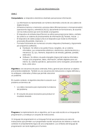 TALLER DE PROGRAMACION 1: Clase 1 - Fundamentos y Algoritmos - Studocu