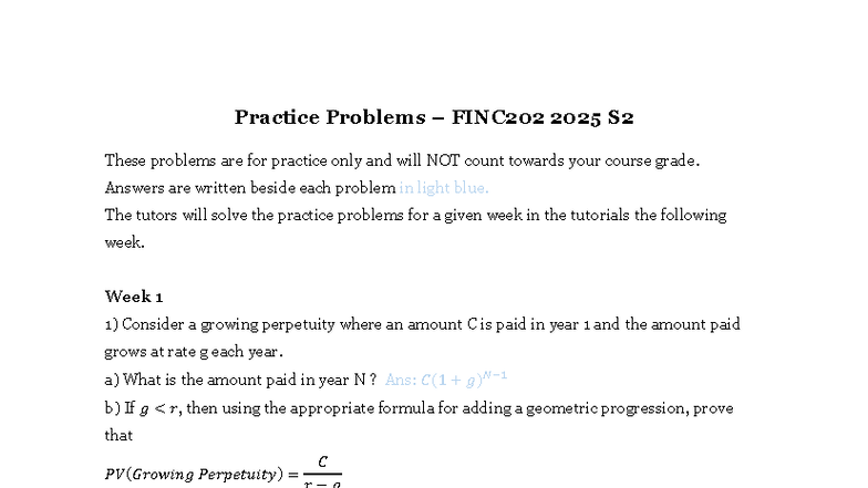 Practice Problems FINC202 2025 S2 - Solutions Included - Studocu
