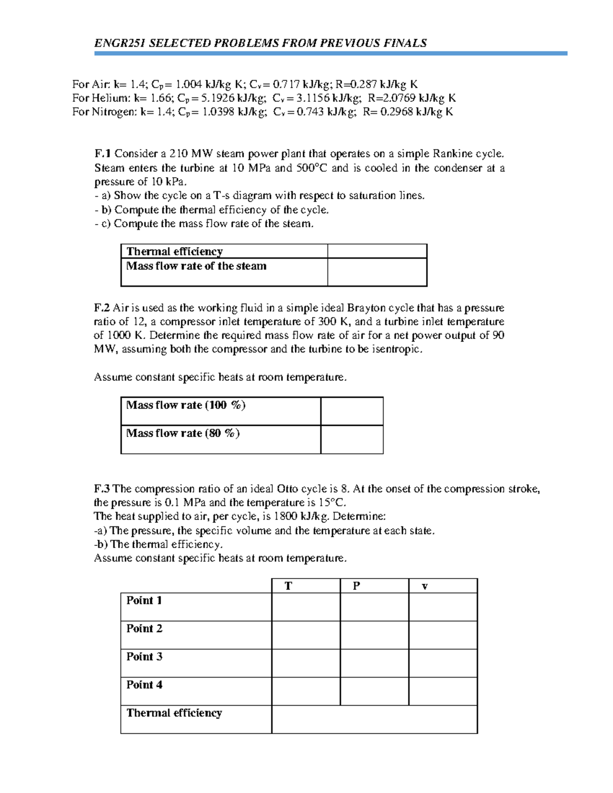 ENGR251 SELECTED PROBLEMS FROM PREVIOUS FINALS ON THERMAL CYCLES - Studocu