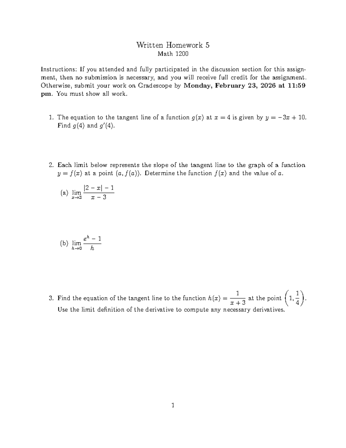 Math 1200 Written Homework 5: Tangent Lines & Derivatives - Studocu