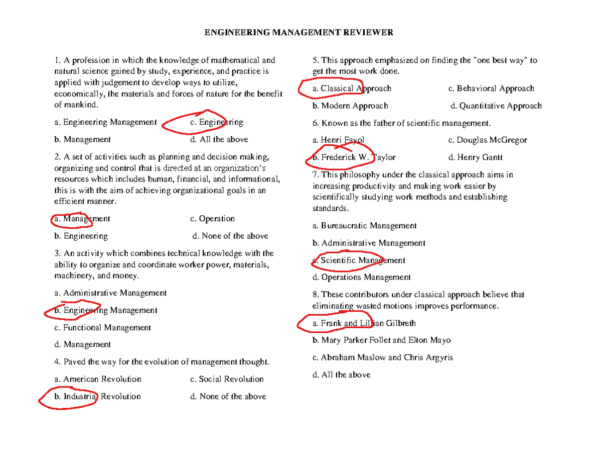 Engineering Management (ENGM 101) Study Reviewer and Answer Key - Studocu