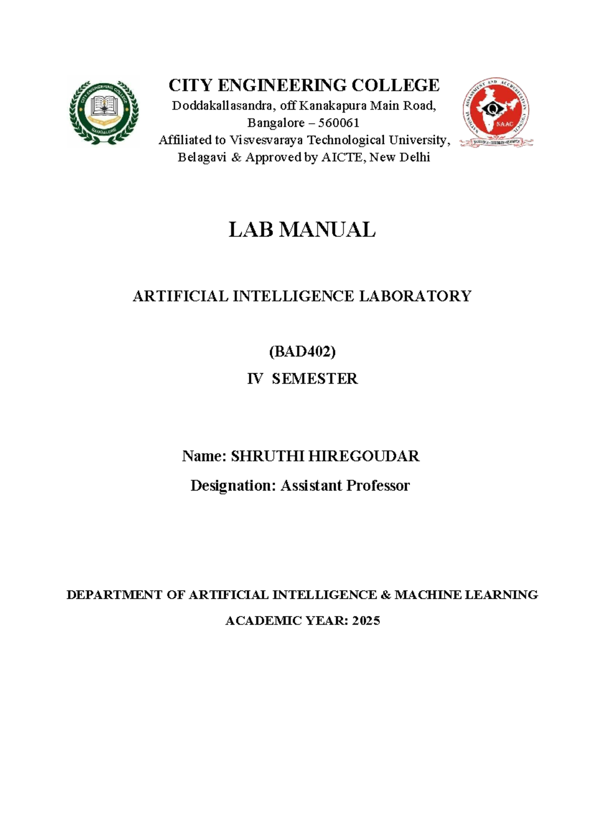 AI Lab Manual for Artificial Intelligence Laboratory (BAD402) - Studocu