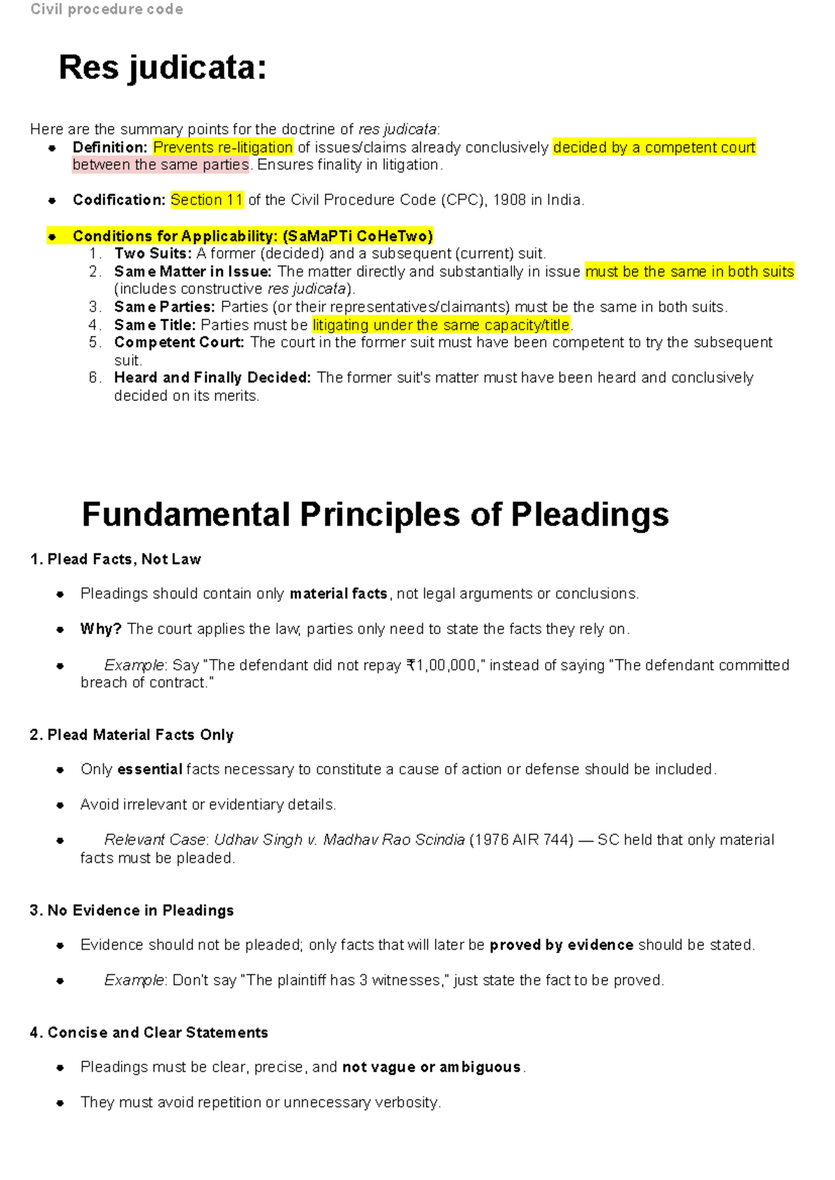CPC 1908: Summary of Res Judicata & Fundamental Pleading Principles ...