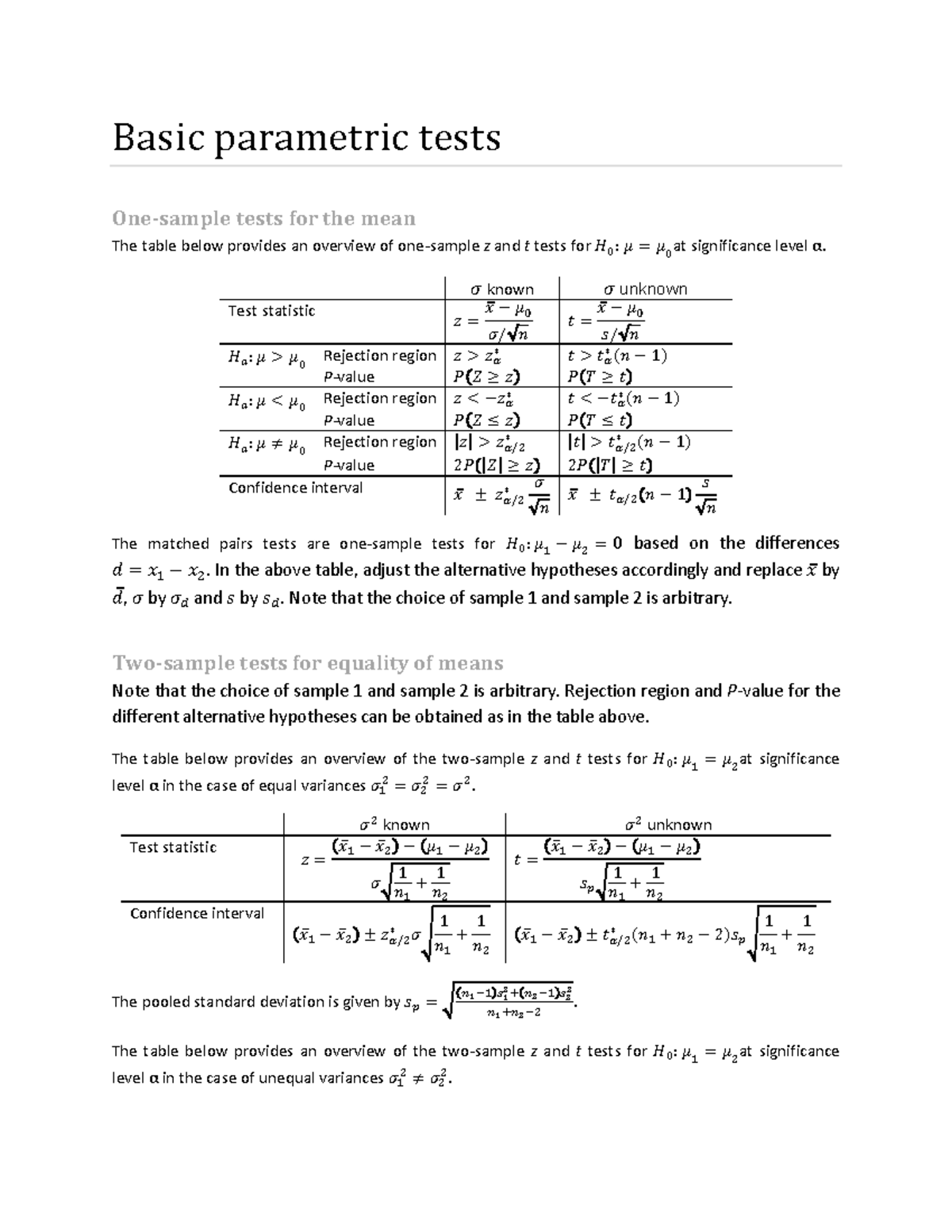 Applied Statistics 2: Summary of Basic Parametric Tests - Studeersnel