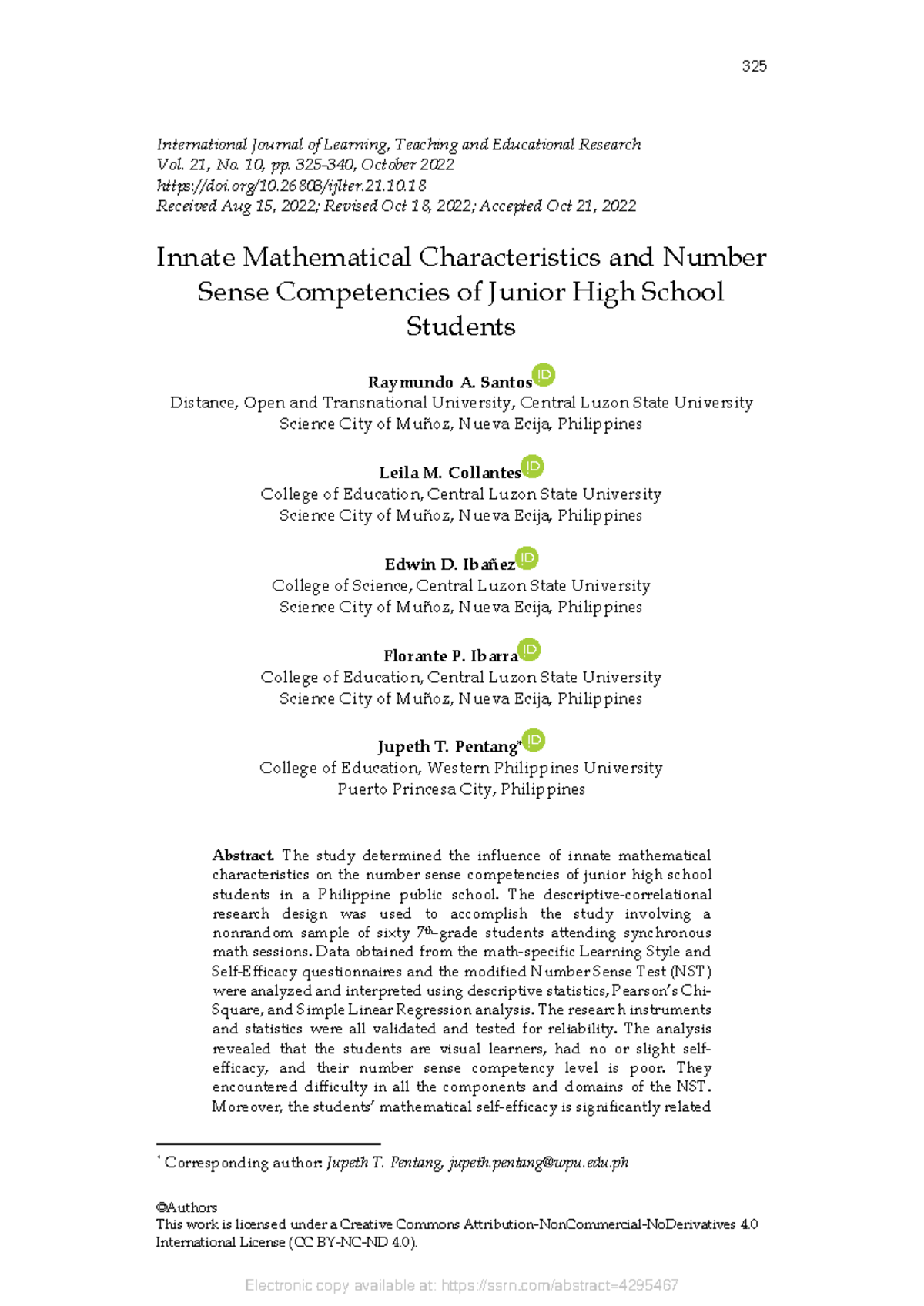 Innate Math Traits & Number Sense Competencies of JHS Students (325 ...