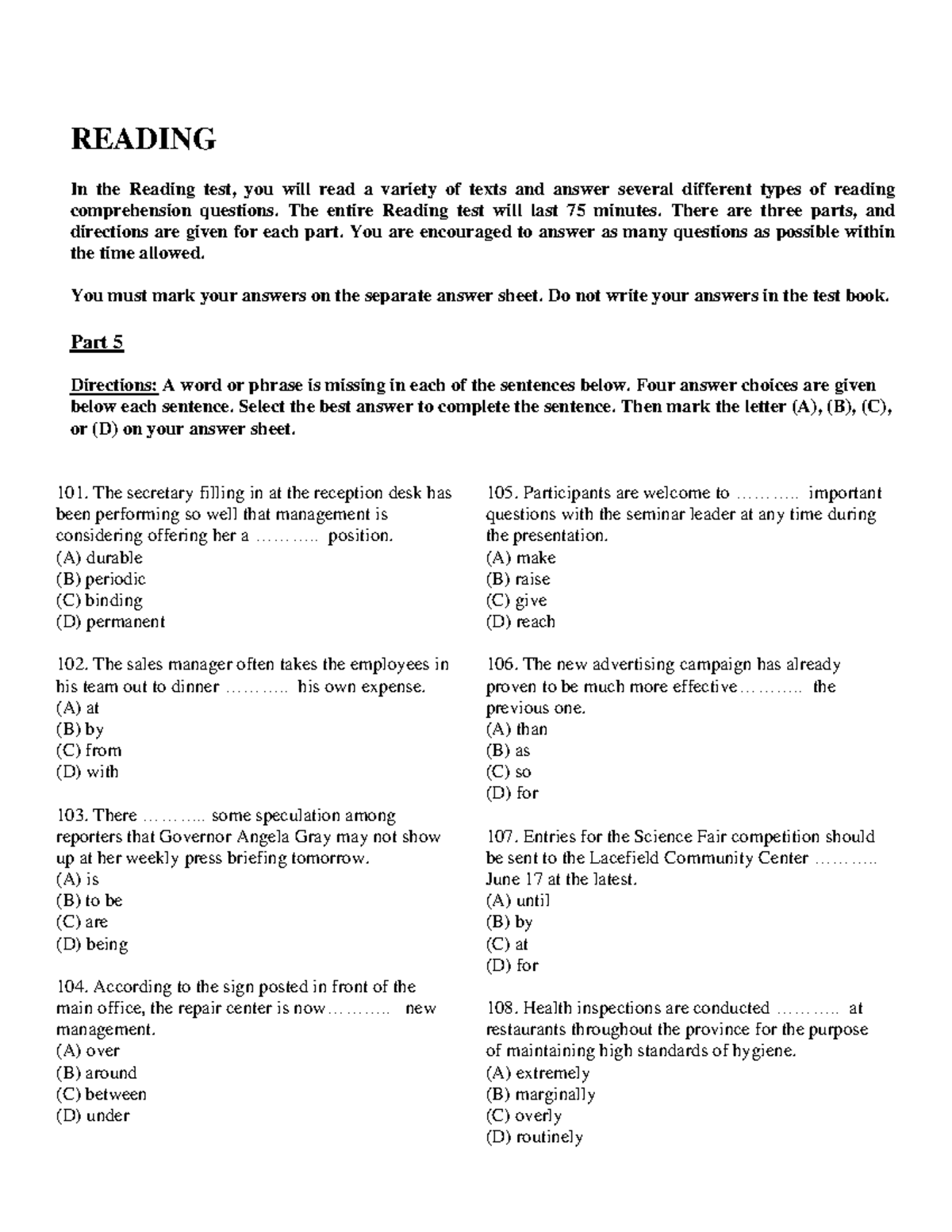TOEIC Reading Test Preparation Guide - Studocu