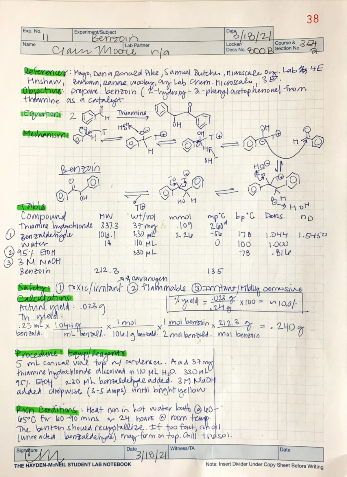 Benzoin Lab Report (Chem 101) - Experimental Procedure and Results ...