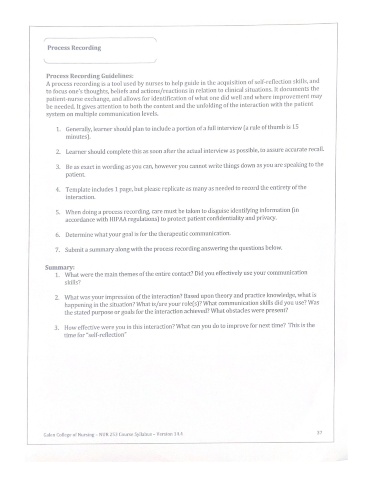 NUR 253 Process Recording Guidelines and Reflective Summary Notes - Studocu