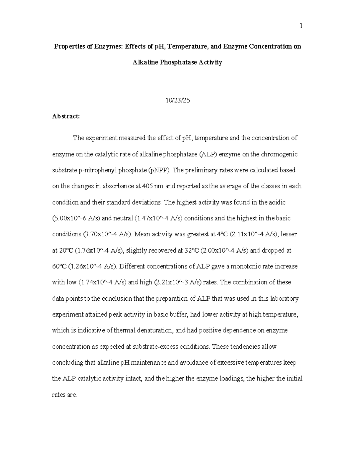 BIOL 1500: Enzymes Lab Report on ALP Activity Influences - Studocu