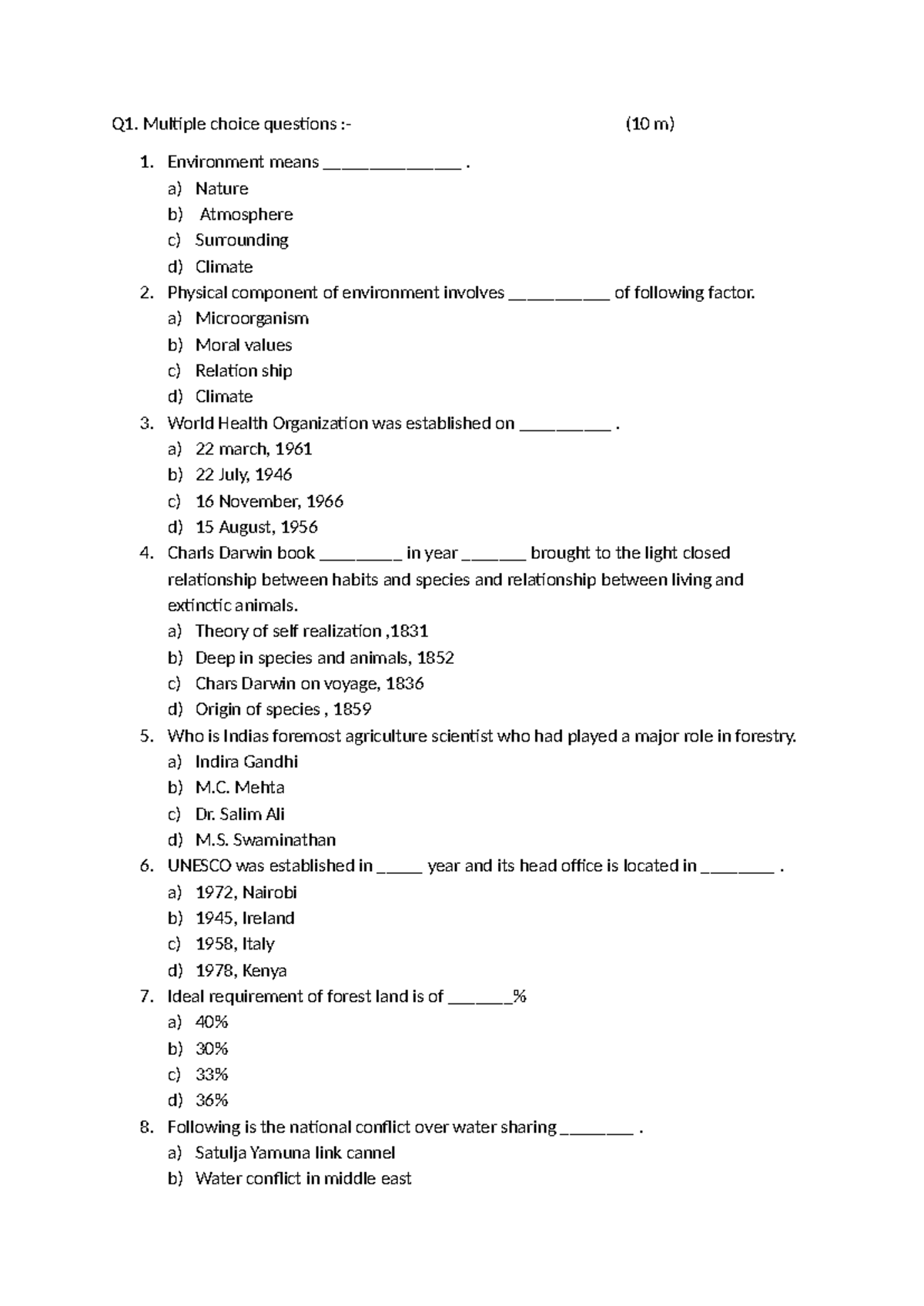 EVS Sessional 1 Quiz Paper - Multiple Choice Questions - Studocu