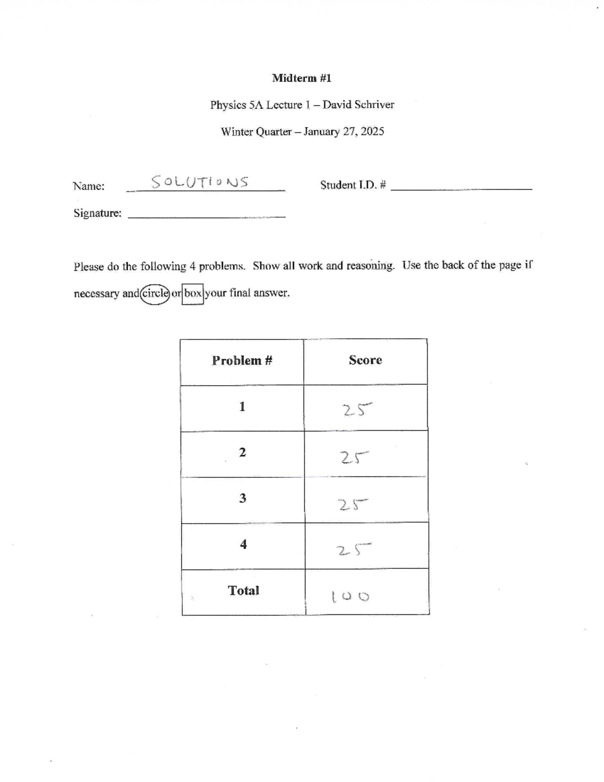 Midterm Solutions for Physics 5A Lecture by David Schriver - Winter ...