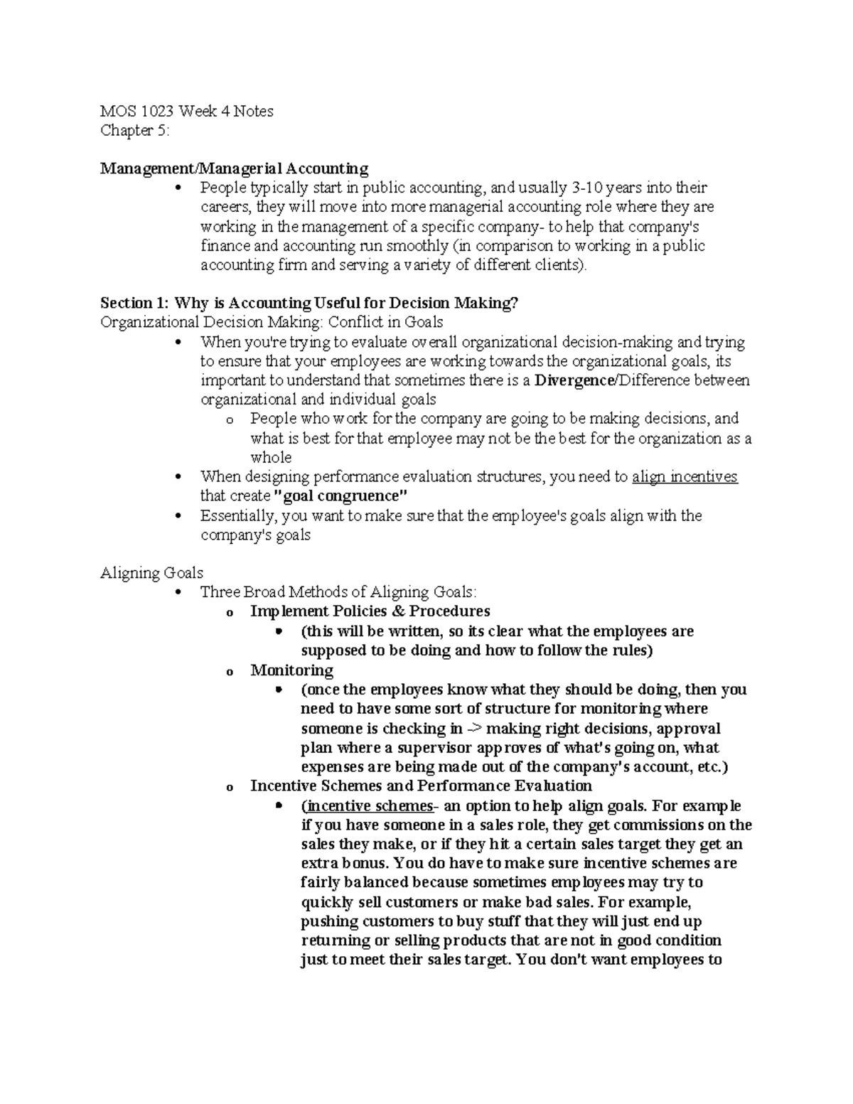 MOS 1023 Week 4 Notes - MOS 1023 Week 4 Notes Chapter 5: Management ...
