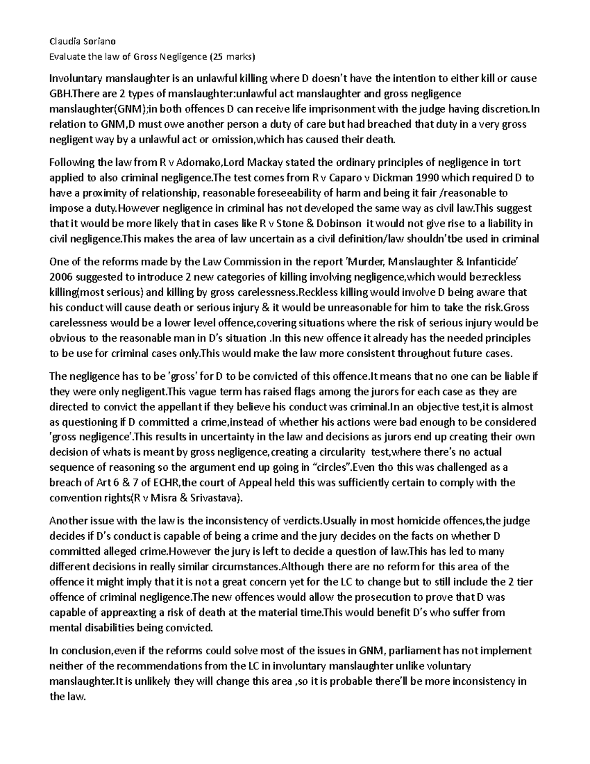 Evaluation of Gross Negligence Manslaughter (GNM) Law Analysis - Studocu