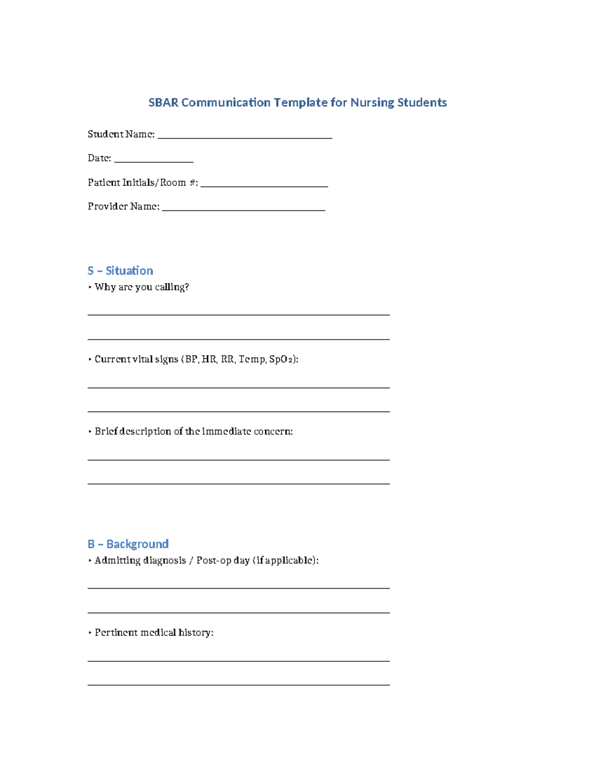 SBAR Communication Template for Nursing Students - Studocu