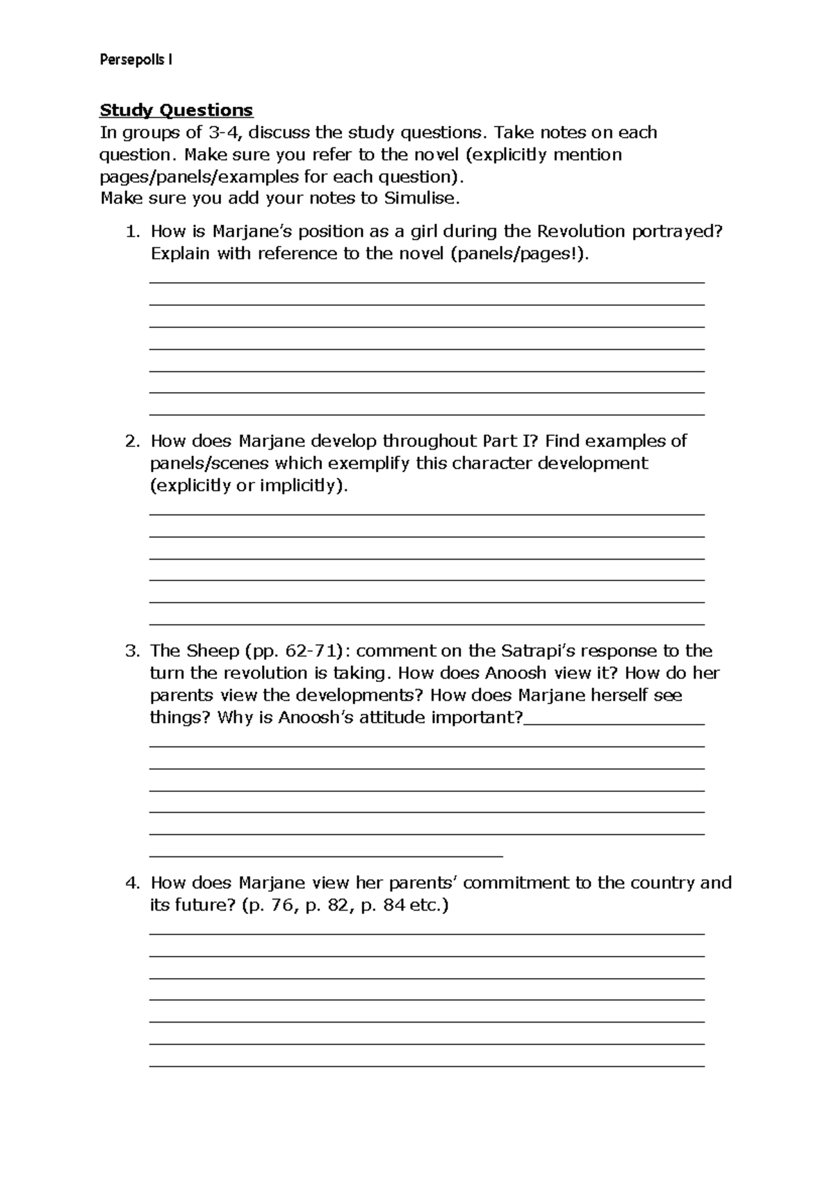 Persepolis I Study Questions & Notes for Discussion - Studeersnel