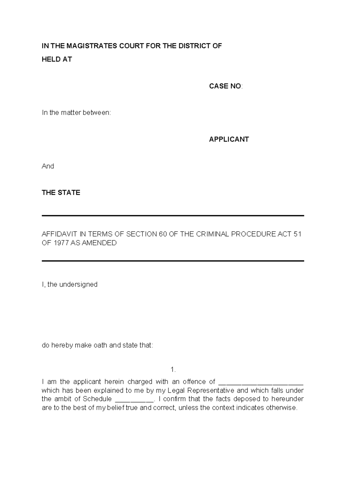 BAIL Affidavit in Terms of Section 60 of CPA 51/1977 - Studocu