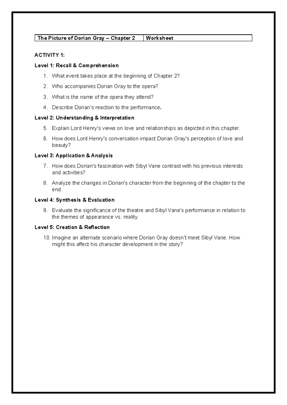 The Picture of Dorian Gray Chapter 2 Worksheet: Analysis & Reflection ...