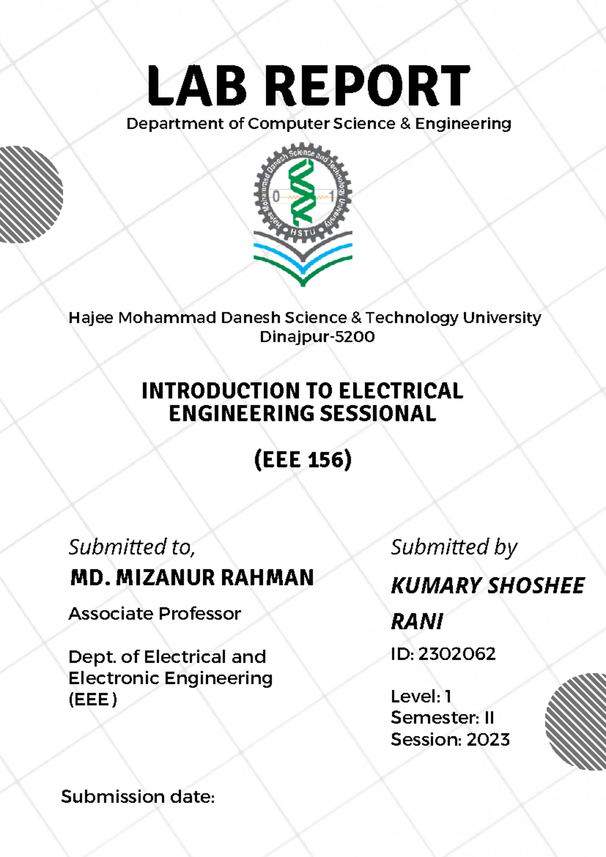 LAB REPORT: Intro to Electrical Engineering (Sessional 156) - Studocu