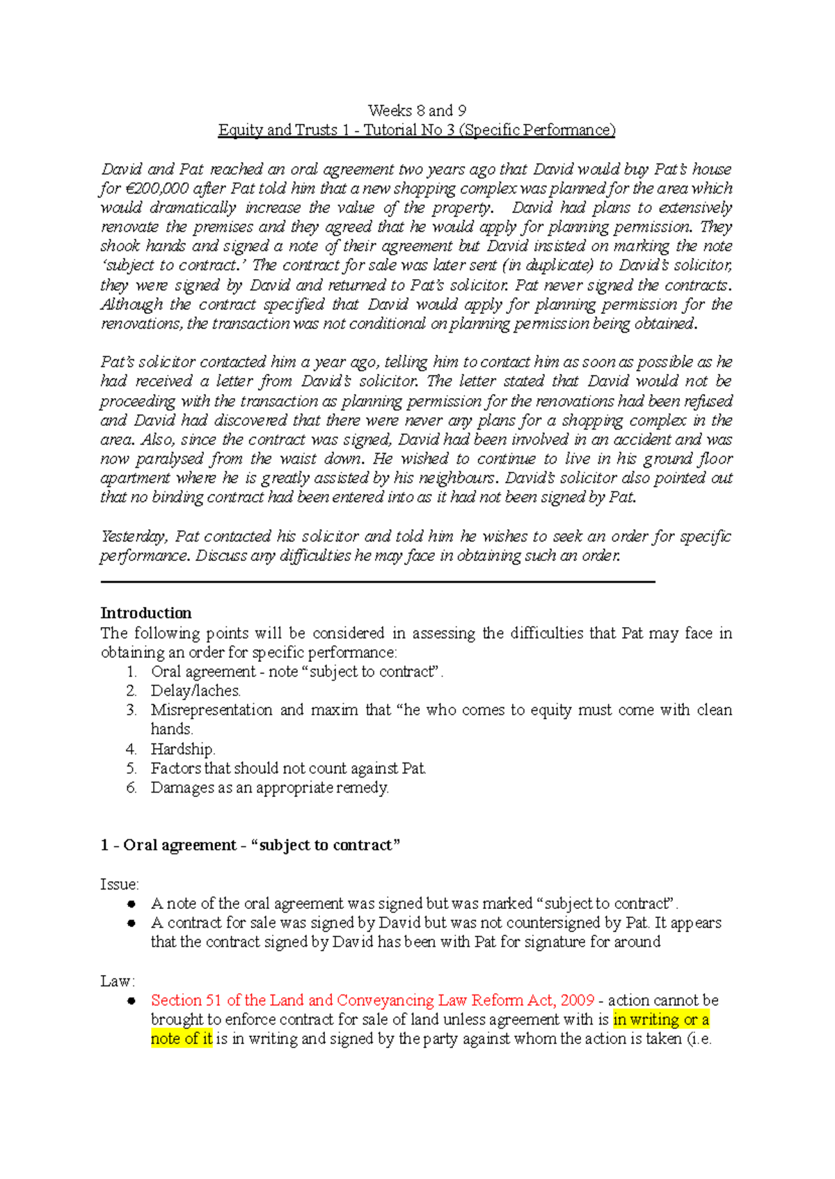 Tutorial 2: Specific Performance Challenges in Equity and Trusts 1 ...