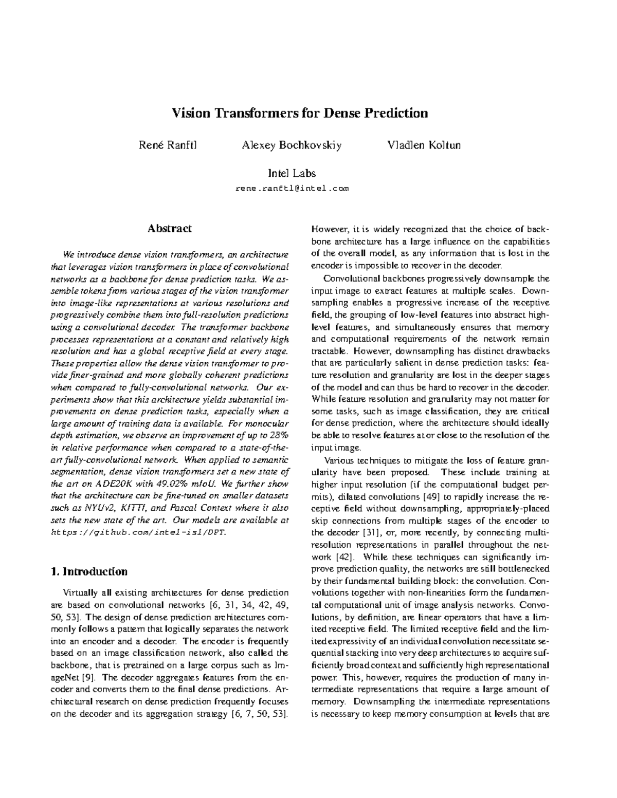 Dense Vision Transformers for Dense Prediction Tasks (DPT) - Studocu